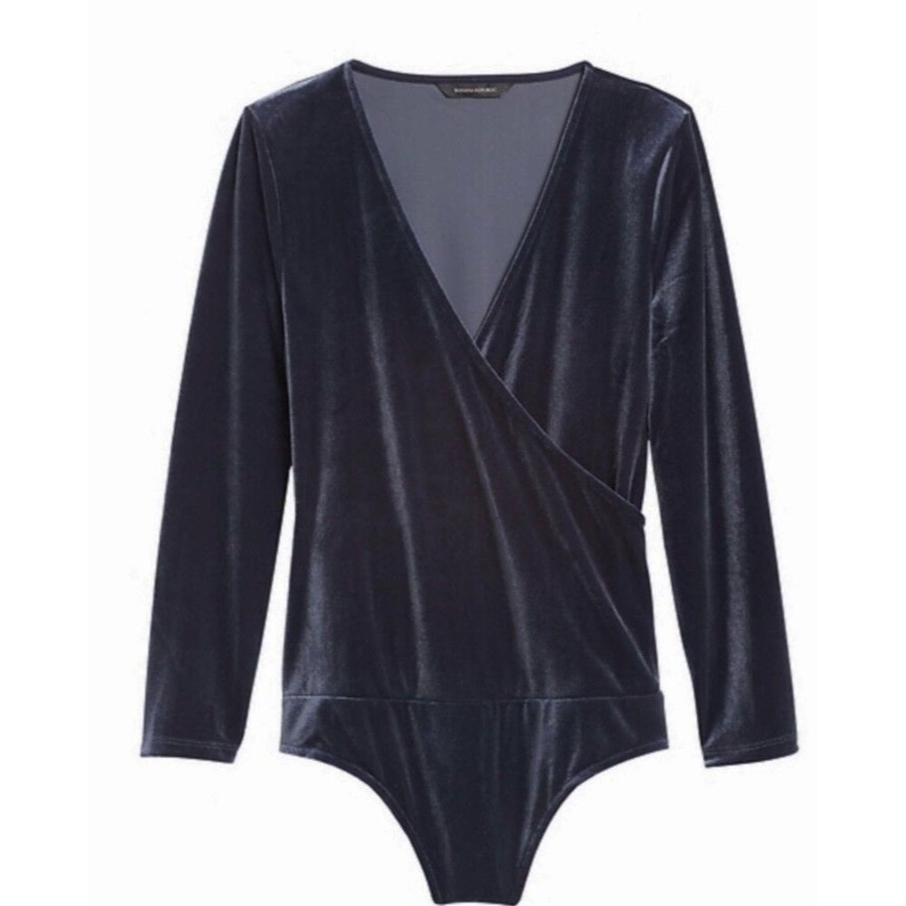 New Banana Republic Navy Velvet Faux Wrap Bodysuit Long Sleeve Women’s size m